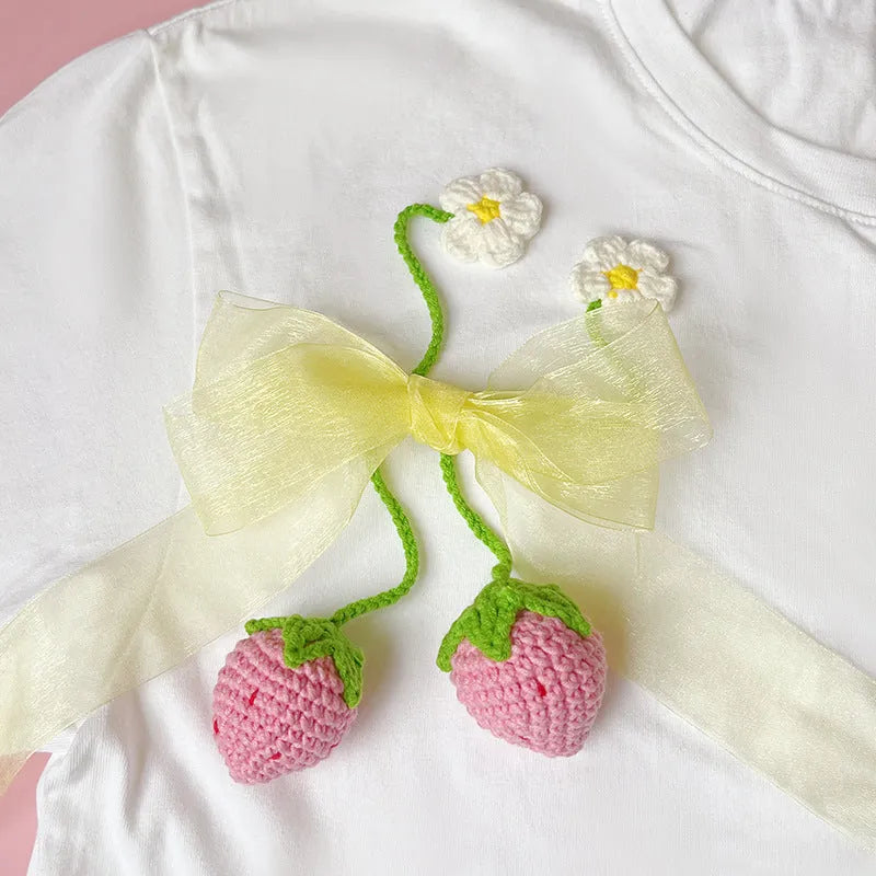 Handmade wool crochet strawberry pendant charm with 35cm length in pink or red colour
