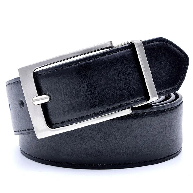Men's brown and black leather belt with rotating pin buckle shown at 2-4cm width