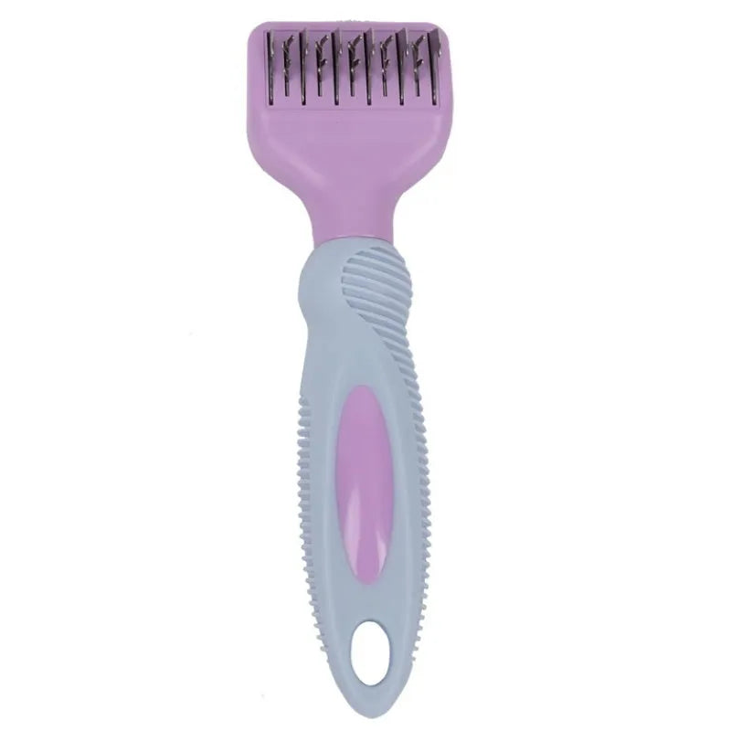 Stainless steel dog grooming comb with brush, knot knife and massage function in pink or purple