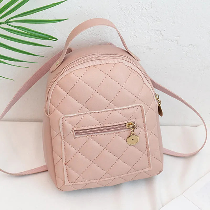 Girls' hard case square backpack with embroidery in white, black, or pink colours, showing soft handle and dimensions.
