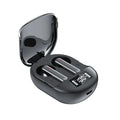 Wireless Bluetooth headset with charging bin showing digital display screen