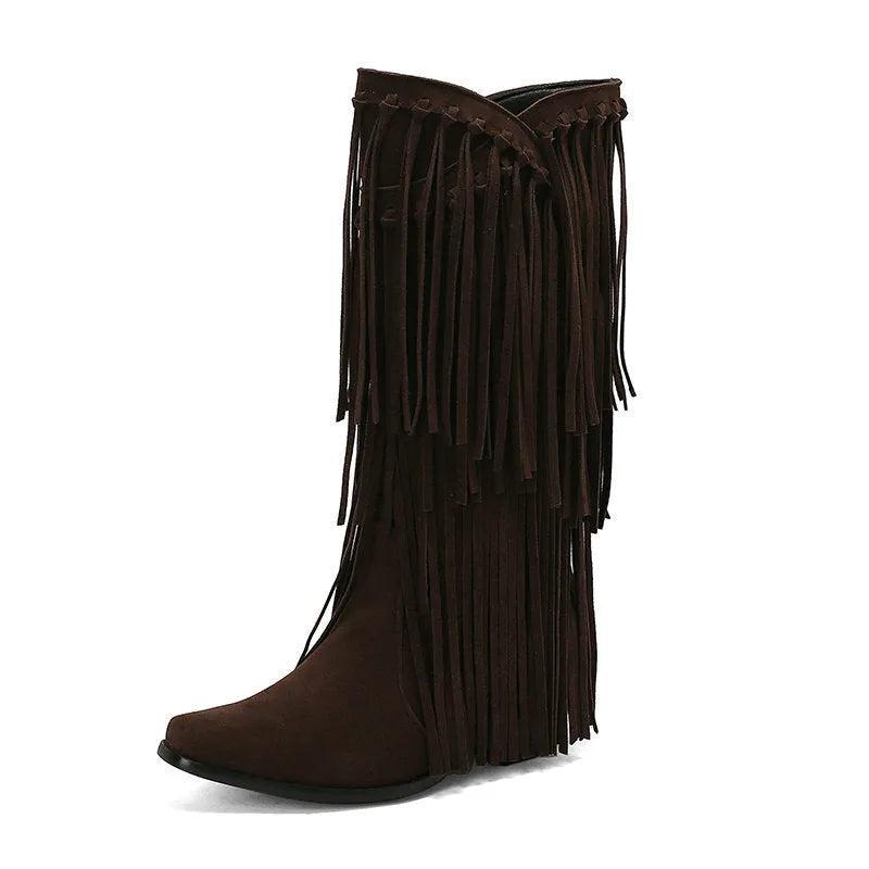 Women's beige suede mid-calf boots with a chunky heel, tassel detail, and square toe