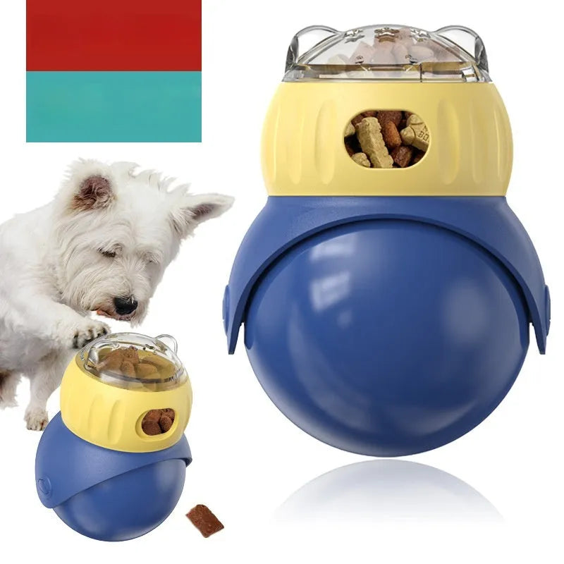 Owl-shaped plastic tumbler cat toy in morandi yellow and blue colours, designed as a puzzle food feeder.