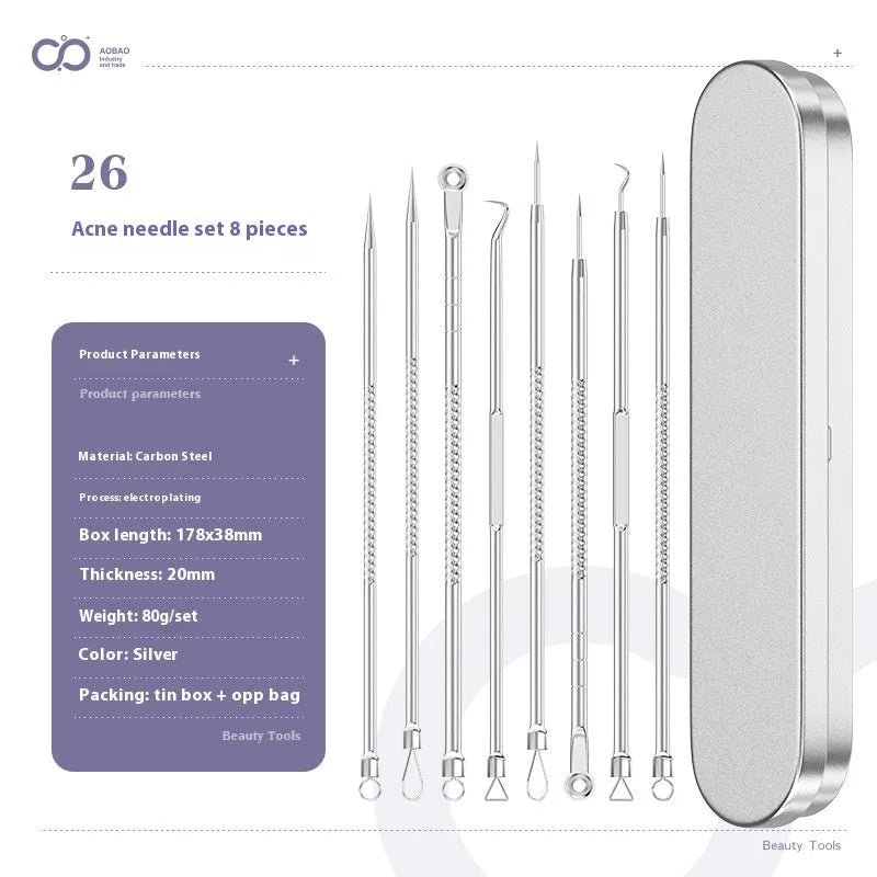 Four metal acne needles with ultra-fine pointed tips laid out in a set.