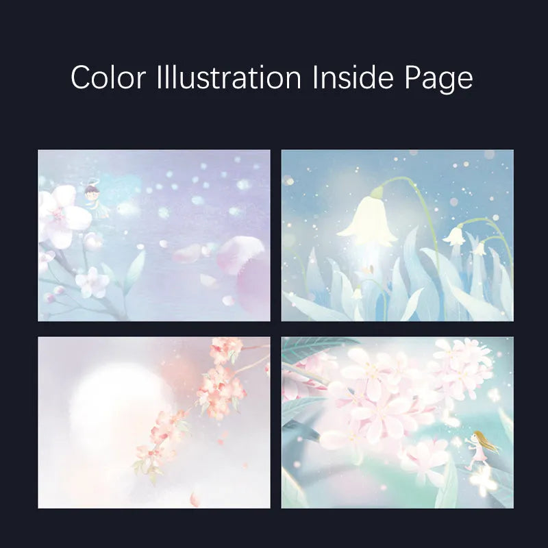 A5 notebook with luminous cover open to show pages filled with colour illustrations