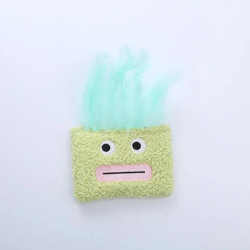 Catnip plush toy with big mouth explosion head shape in blue, green, orange, or purple colours