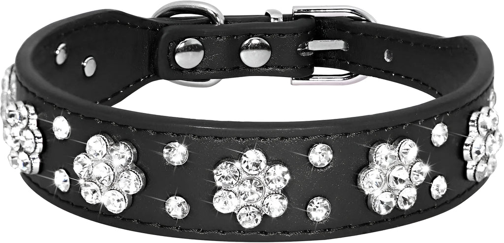 Soft black PU leather dog collar with a sparkling rhinestone flower pattern and metal adjustment buckle.