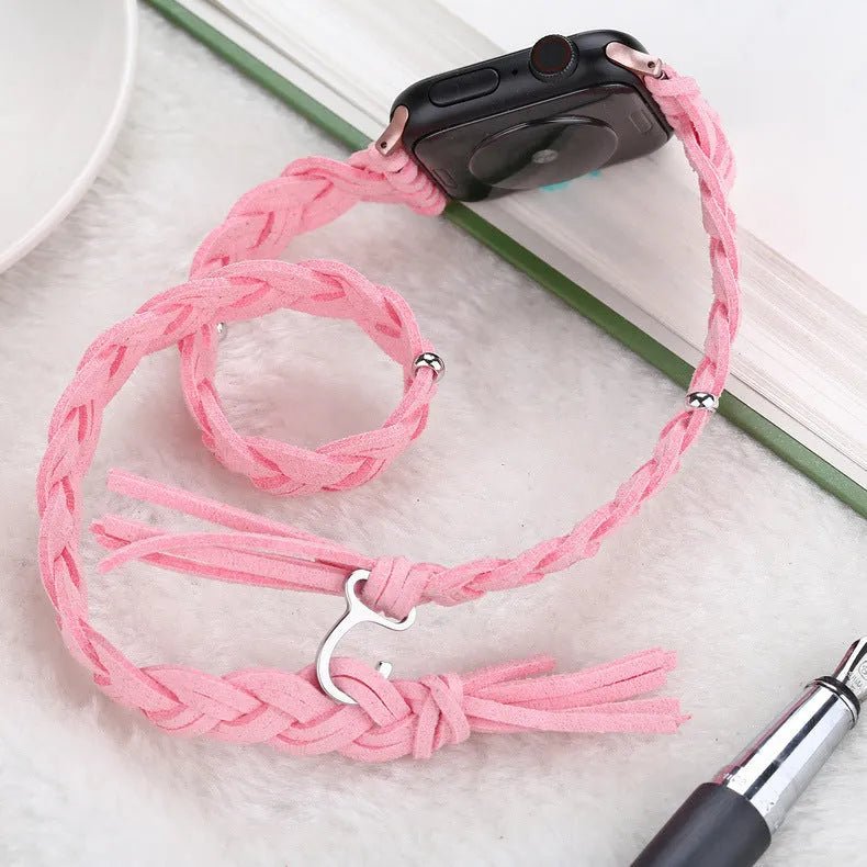 Genuine leather cord braided smart watch strap for iWatch in Black, Brown, Dark Brown, Green, Pink, and Red sizes 38/40/41mm and 42/44/45mm