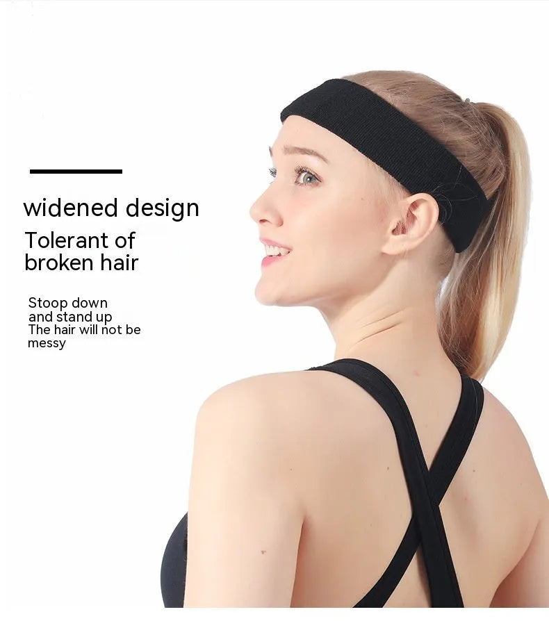 Solid colour elastic sports sweat band in black, shown stretched, for running and gym use.
