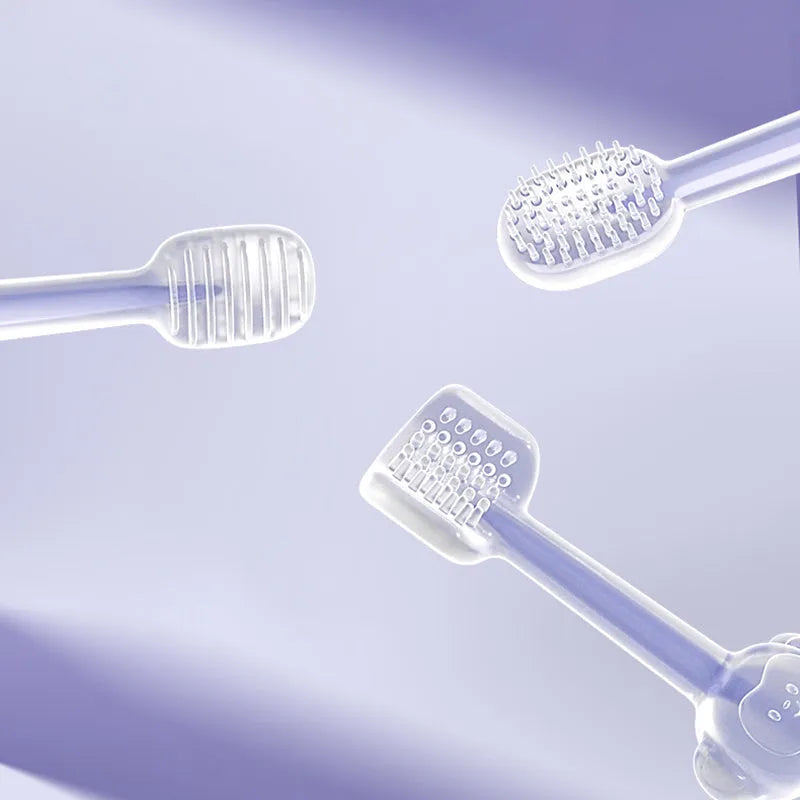 Blue silicone pet toothbrush with soft bristles and ergonomic handle for dog and cat dental care.