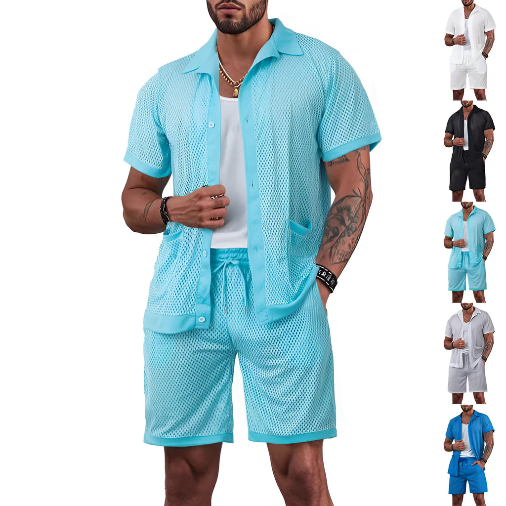 Lightweight women's beach shorts suit set in lake blue, showing short sleeve jacket and matching shorts.