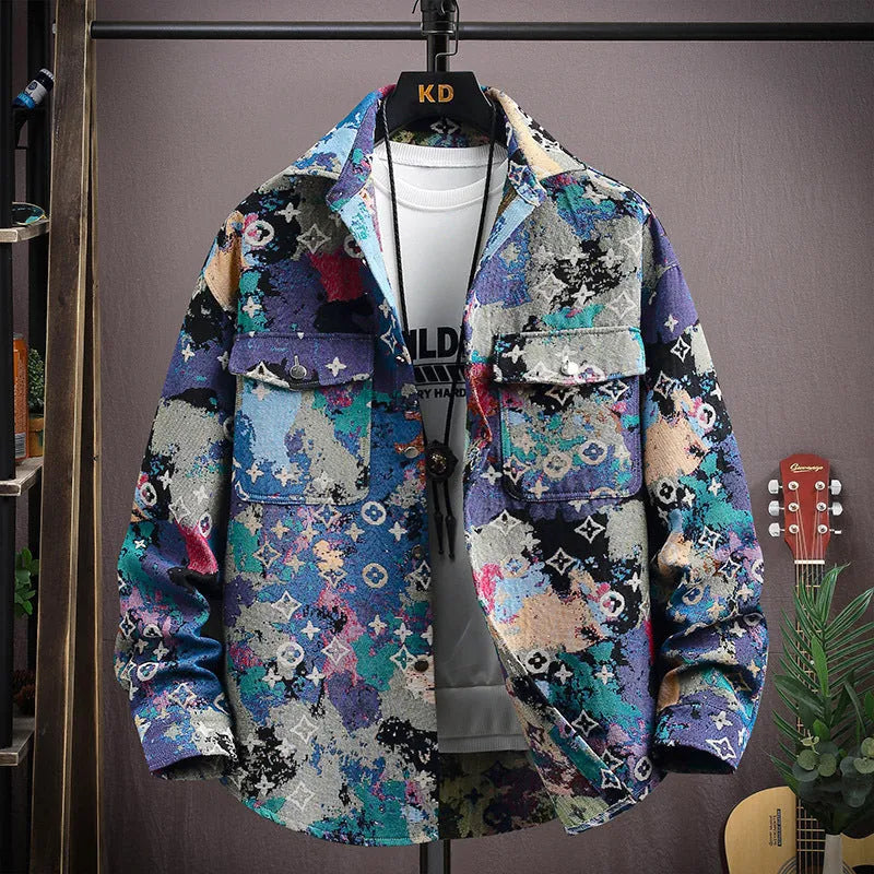 Men's casual lapel shirt coat in polyester with straight hem and long sleeves for spring and autumn wear