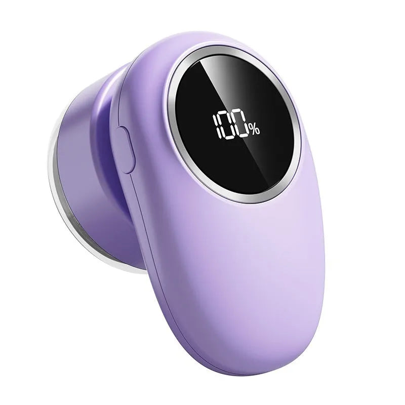 Purple and beige coloured fur ball trimmer lint remover with digital display and multiple cutter head options.