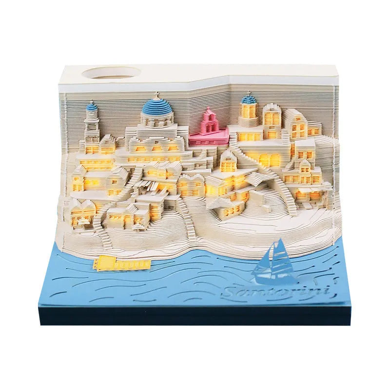 Romantic Santorini 3D notepad paper carving building model showing beach scene cover design