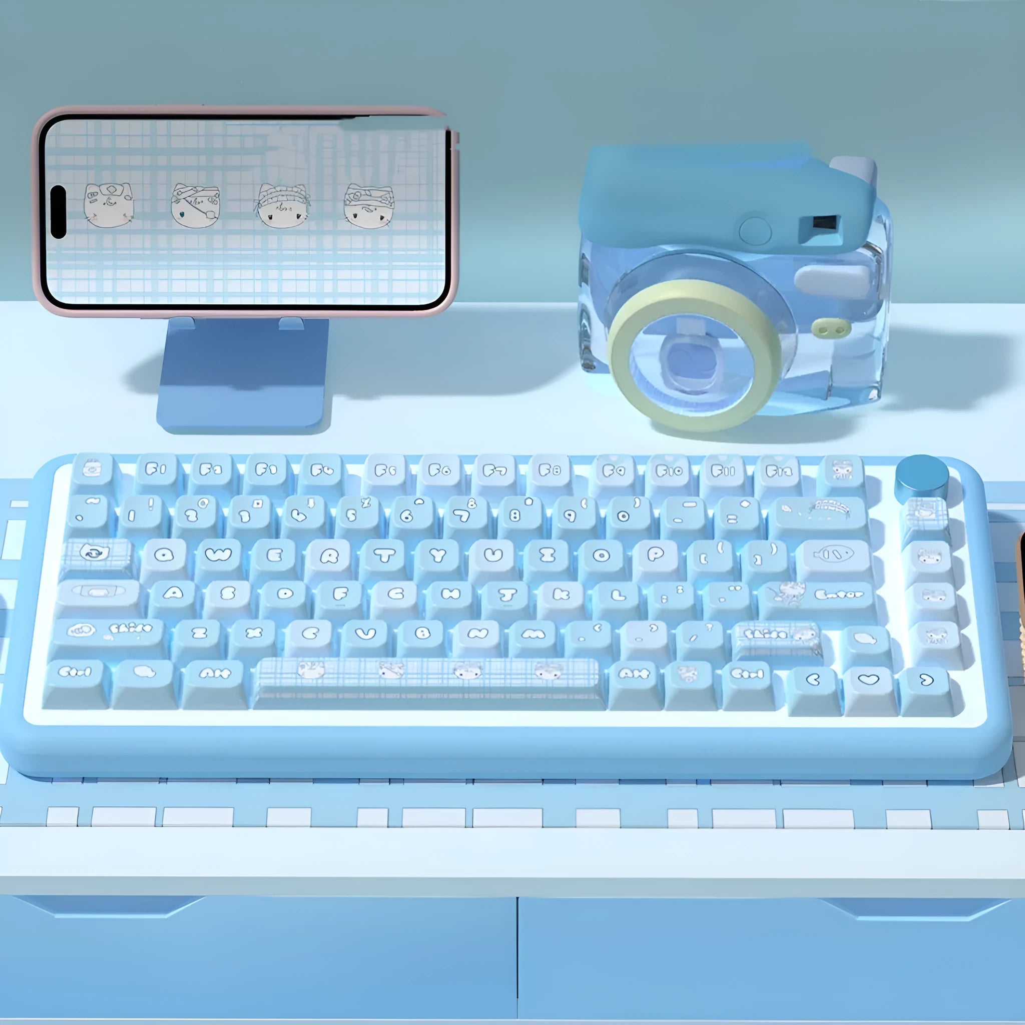 Water colour kitten design PBT keyboard keycap set with 138 or 158 keys.