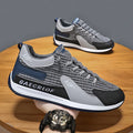 Men's green and grey low-top mesh running shoes with round toe and lace-up front.