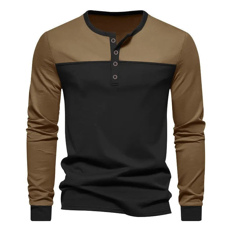 Men's long-sleeve Henry collar T-shirt in solid colour beaded twill fabric