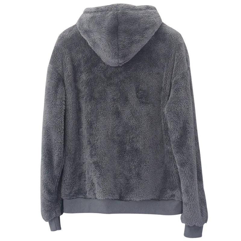 Double-sided velvet hooded sweater men's plush pullover with pockets navy blue cotton blend