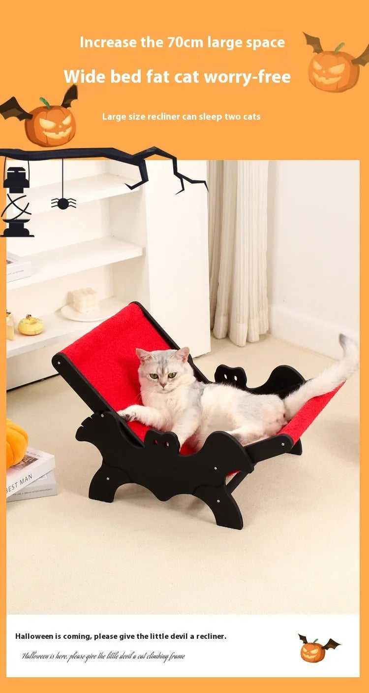 Black and red Halloween-themed wooden cat lounger bed for use as a cage accessory.