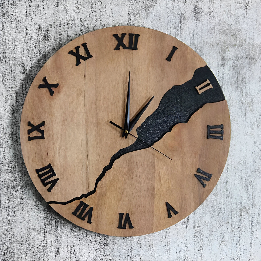 Modern wooden wall clock with creative crack design in one of five colour options