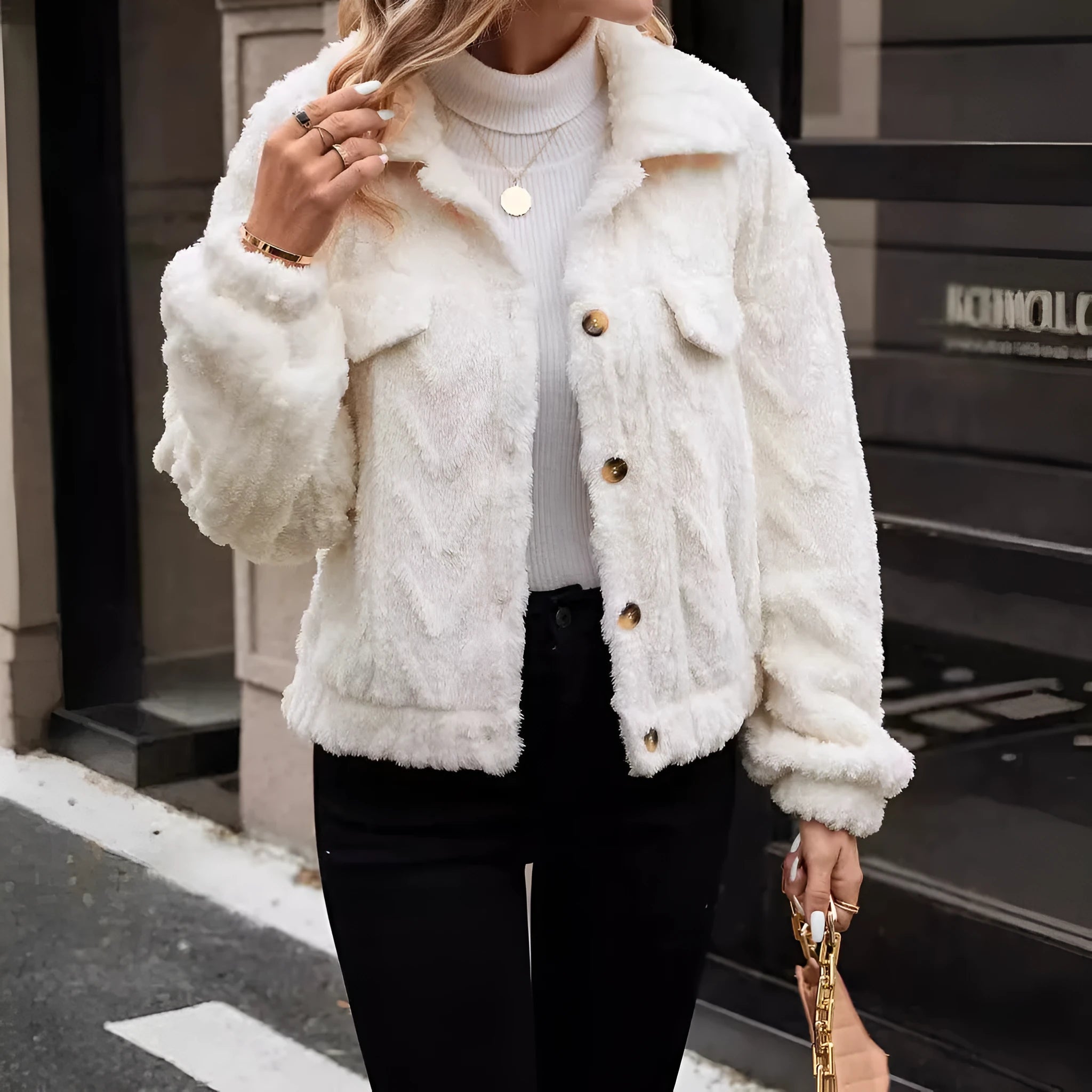 Ivory white women's plush button cardigan with regular sleeves on hanger