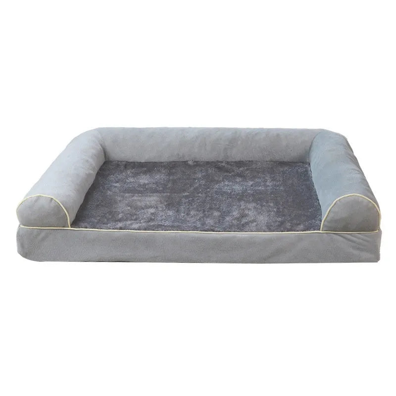 Square sponge dog bed with a breathable cloth cover, shown in blue colour.