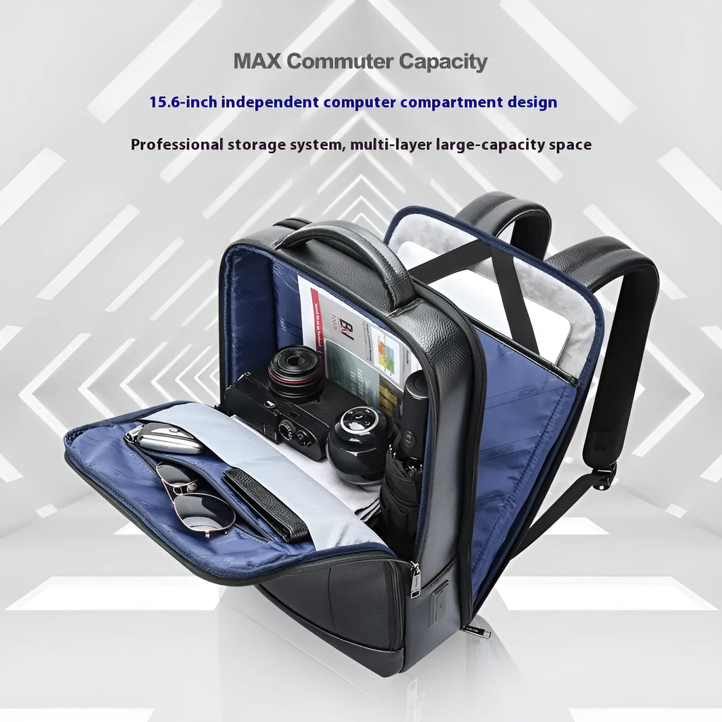 Black genuine leather business commuter backpack with USB port and curved straps