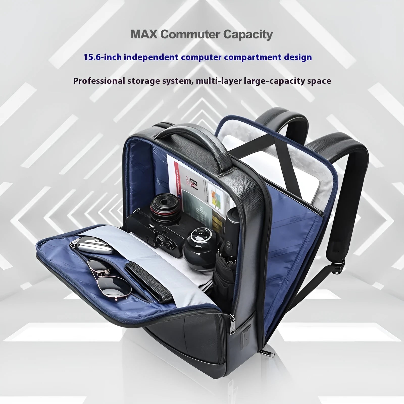 Black genuine leather business commuter backpack with USB port and curved straps