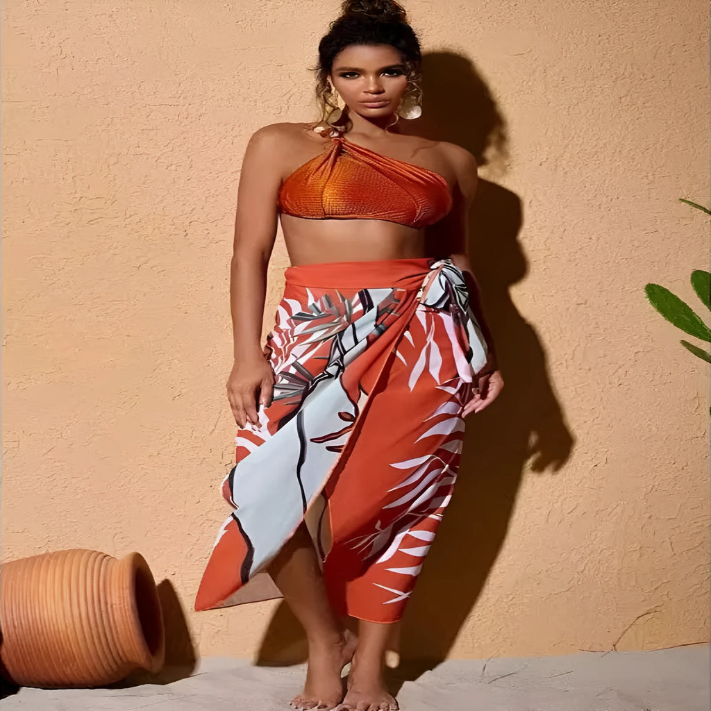 Women's push up bikini high waist split swimsuit in chiffon style with lining, shown in brown, black, and green colour options.