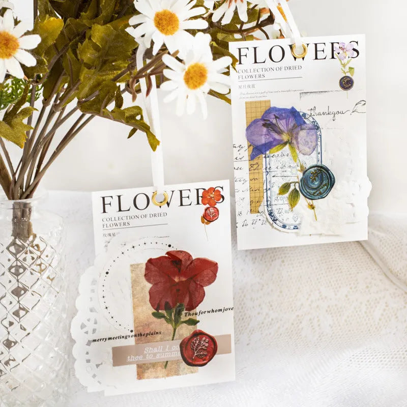 Dried flowers journal decoration stickers in eight colour themes including Dark Night Purple and leaf specimen designs