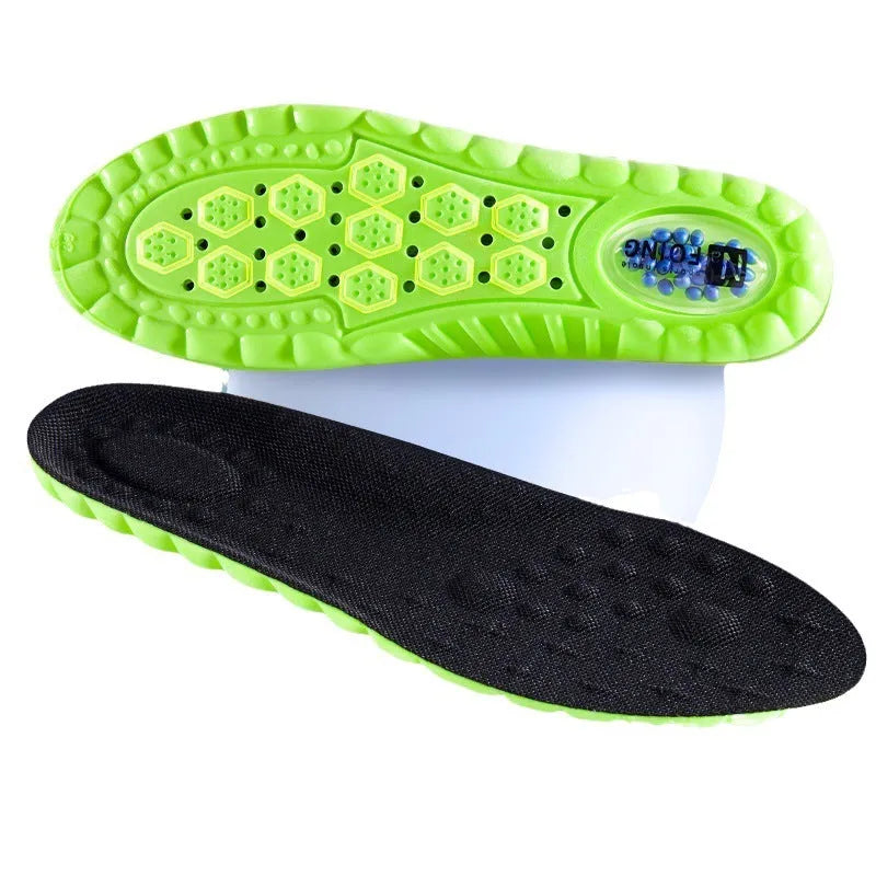 Green PU air cushion sports insole with argy wormwood for shock absorption and sweat management.