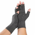 Grey half-finger joint compression gloves made from trueran spandex fabric with anti-slip grip surface