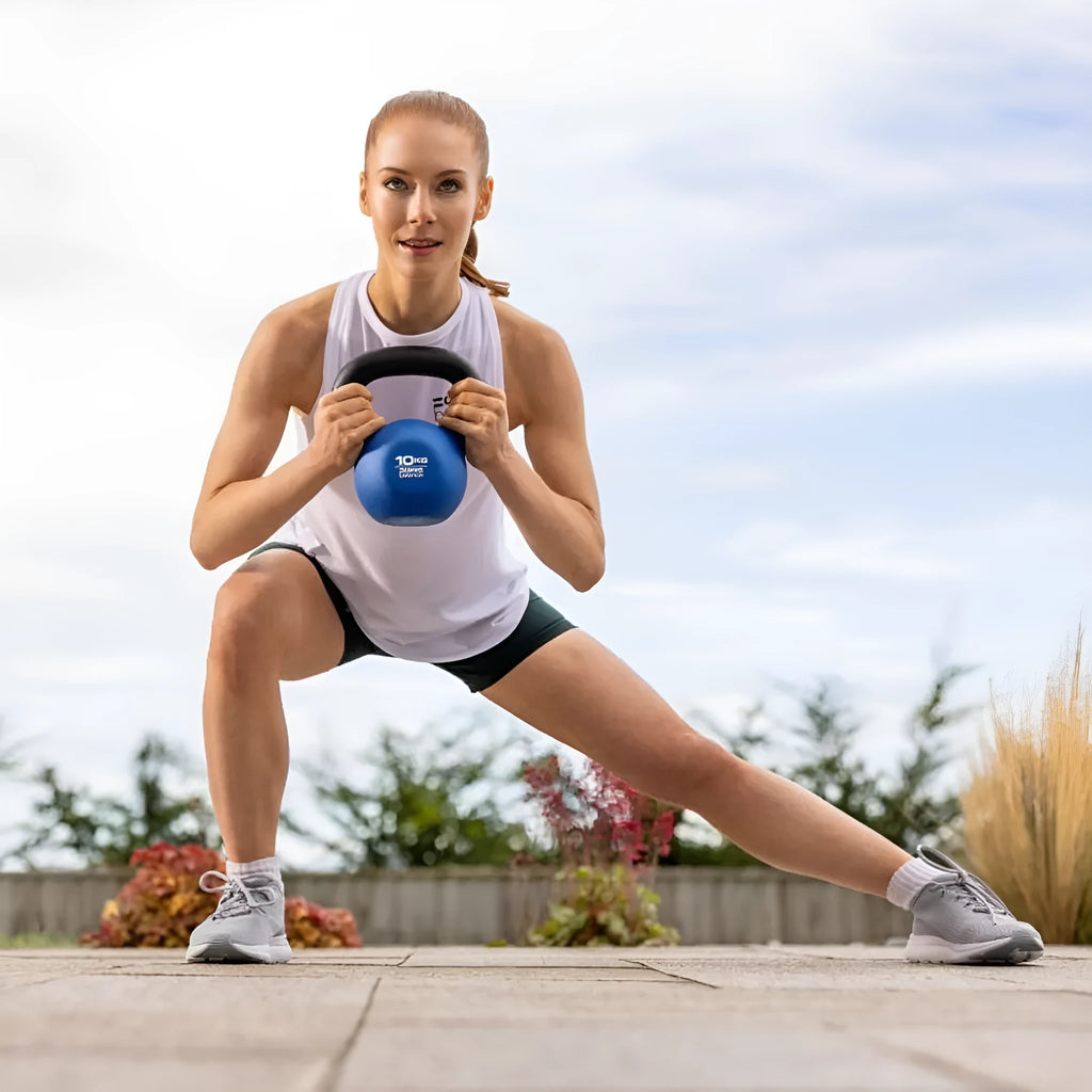 Blue cast iron dumbbell shaped like an immersion teapot on a plain background.