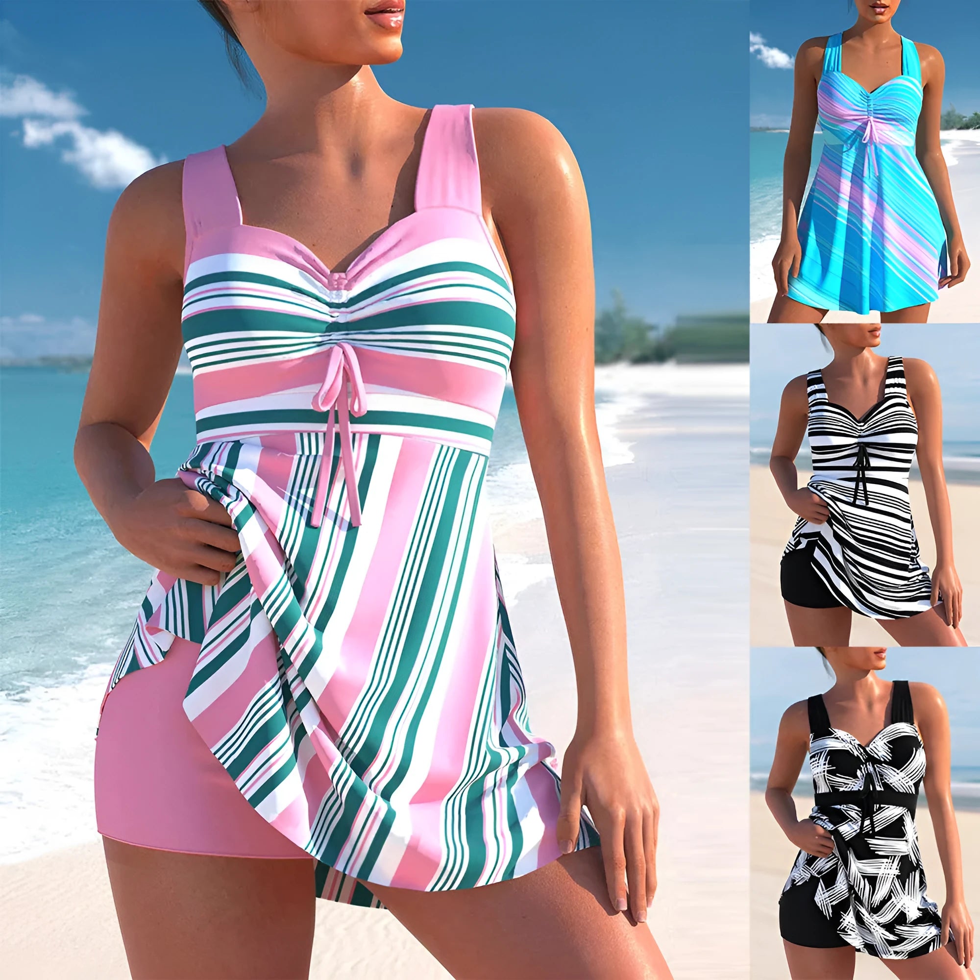 Two-piece striped bikini swimsuit with high-waist boxer bottom for women, plus sizes L to 5XL, black stripe colour
