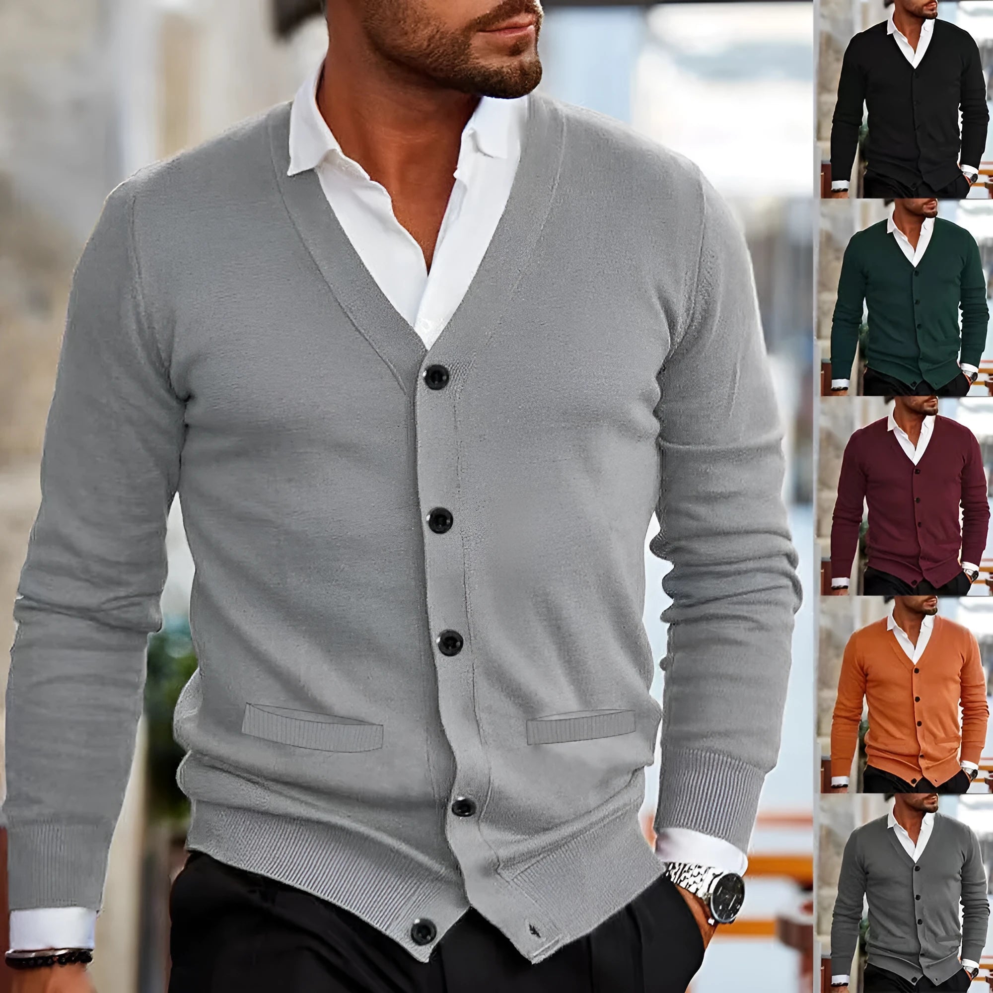 Men's slim fit acrylic cardigan sweater coat in wine red colour showing front button detail