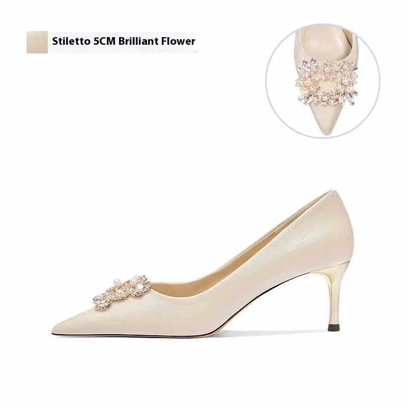 French wedding crystal bridal high heels with rhinestones on a pointed-toe pump, showing stiletto and cat heel options.