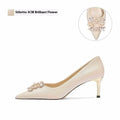 French wedding crystal bridal high heels with rhinestones on a pointed-toe pump, showing stiletto and cat heel options.