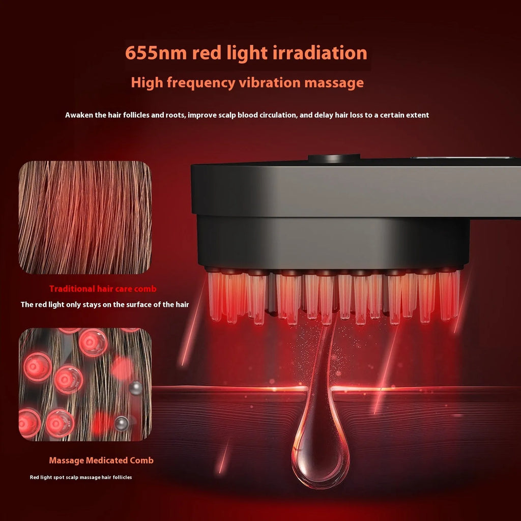 Smart massage comb with red light therapy in pink and black colour options showing compact design