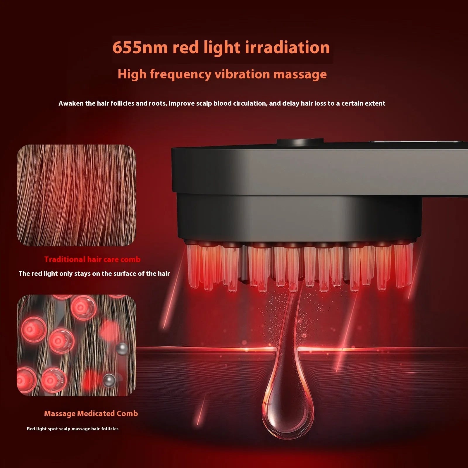 Smart massage comb with red light therapy in pink and black colour options showing compact design