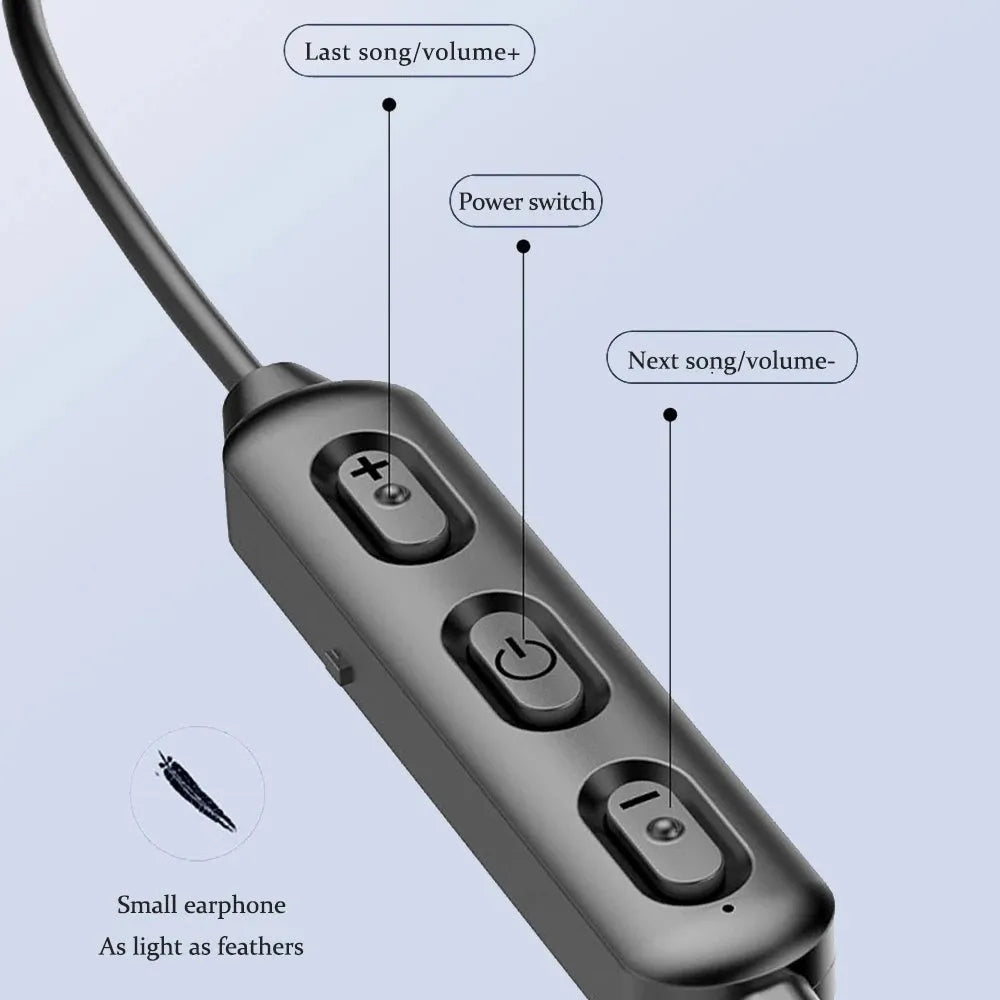 Black neck-mounted wireless sports earphones with Bluetooth 5.0 for hands-free calls and music