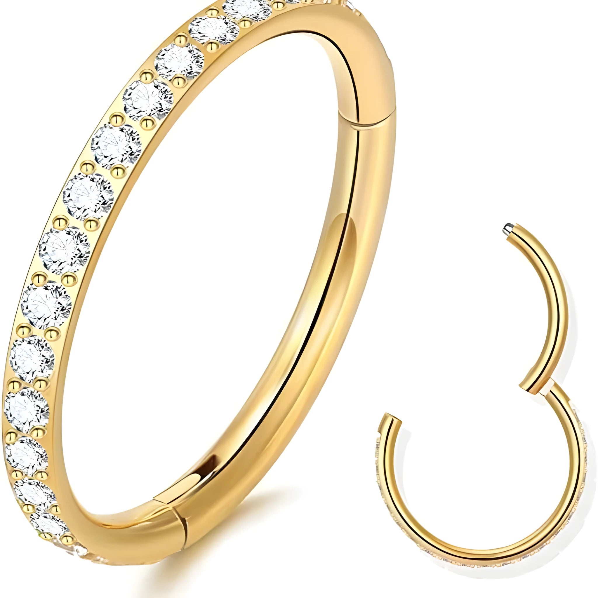 Close-up of a seamless round stainless steel nose ring with a diamond finish, showing colour options including gold, rose gold, and black.