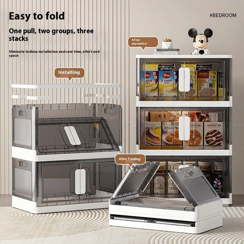 Foldable wheeled storage locker in white or grey with multiple layer options for household organisation
