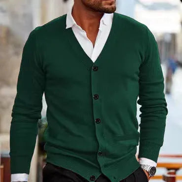 Men's slim fit acrylic cardigan sweater coat in wine red colour showing front button detail