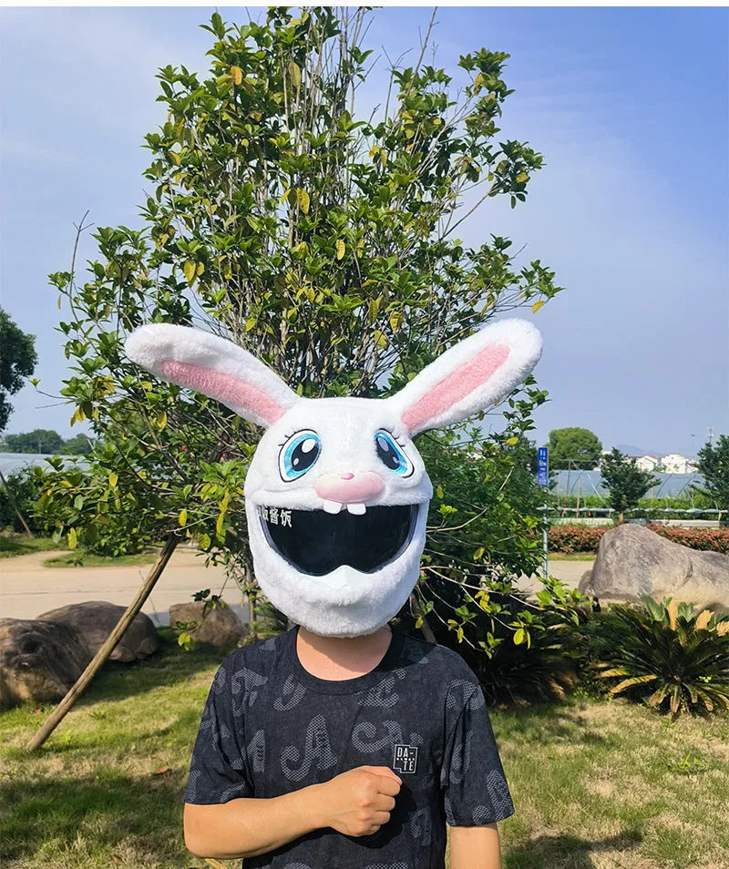 White decorative rabbit head helmet cover for electric motorcycles with plush lining.