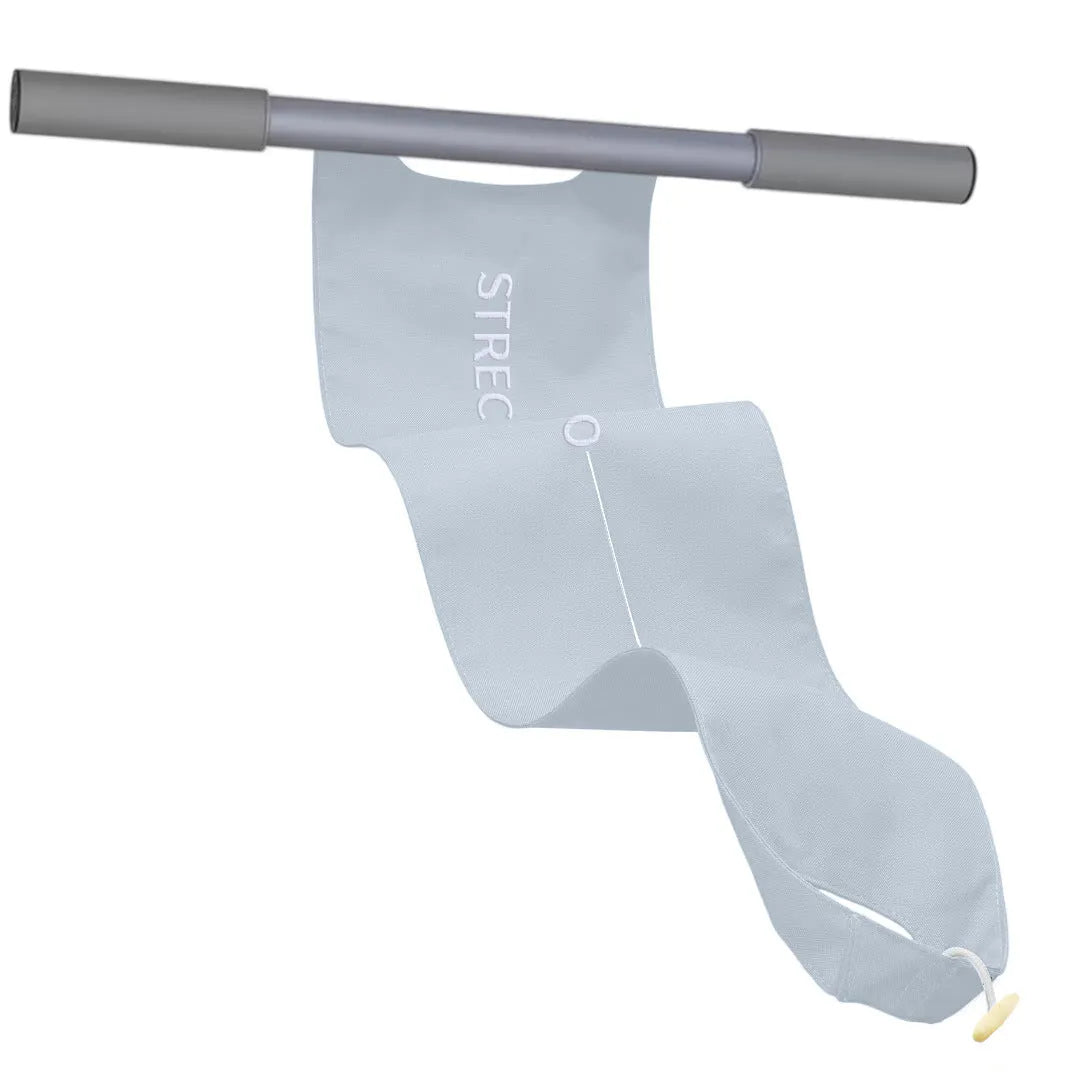 Grey or pink yoga stretching tool for open shoulder, back and hip flexibility exercises