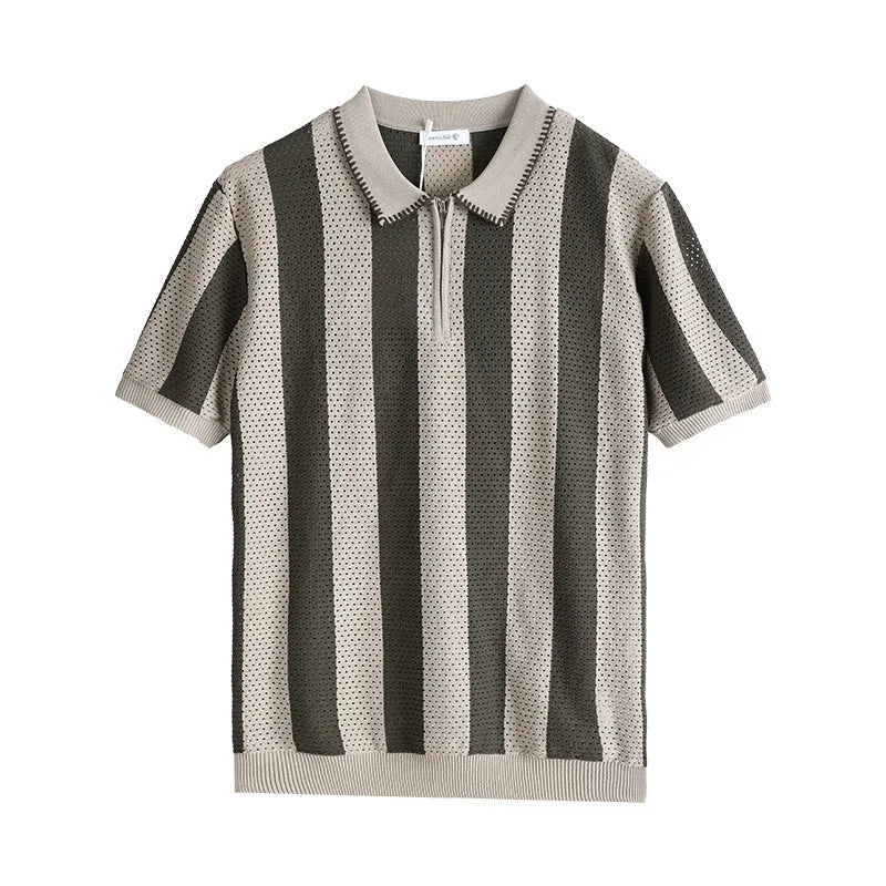 Man wearing a black and white striped short sleeve viscose sweater with a silver zipper decoration on the front.