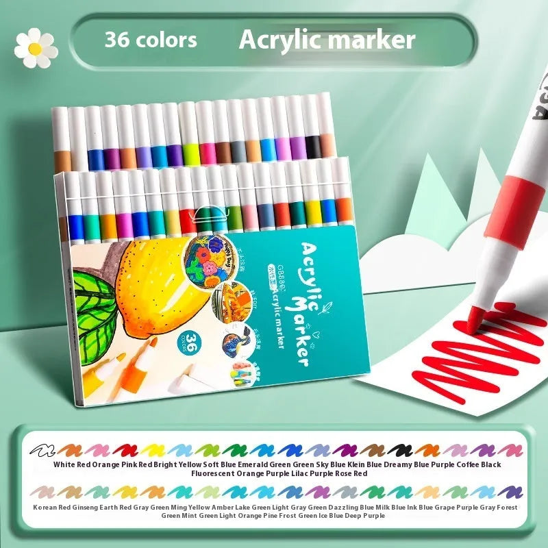 Boxed set of multicolour acrylic marker pens for art and student painting projects.