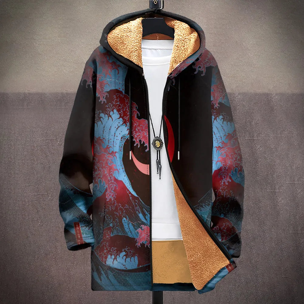 Man wearing a loose-fit zip-up hooded cardigan with a multicolour digital print pattern.