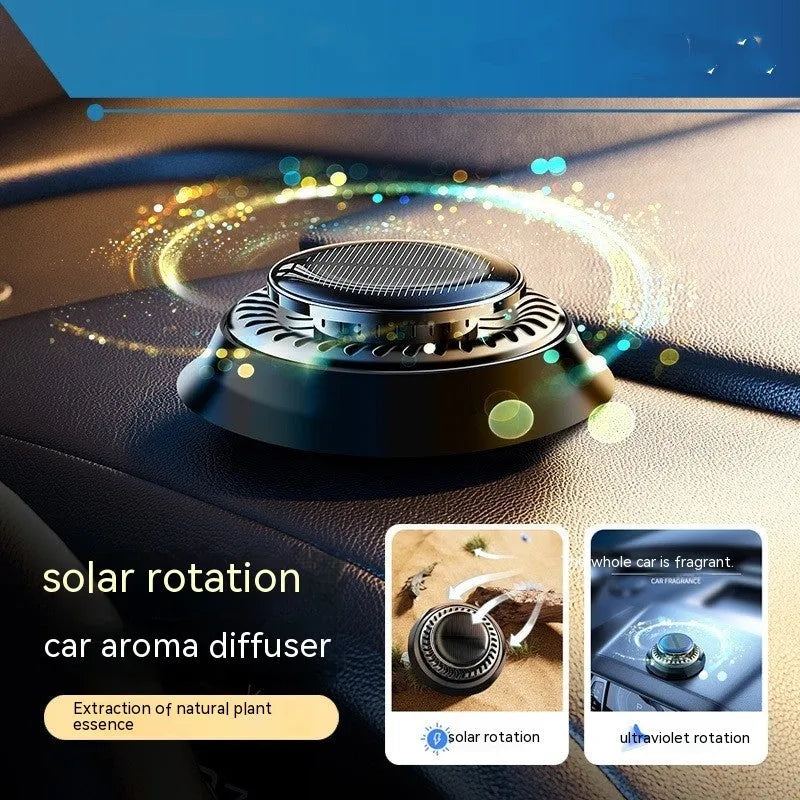 Black plastic solar car aromatherapy decoration with electromagnetic de‑icing function, 84mm wide.