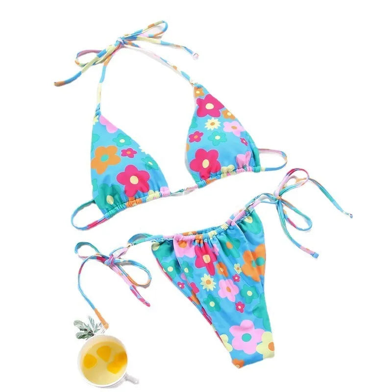 Women's polka dot print split swimsuit bikini in brown and orange colour variations